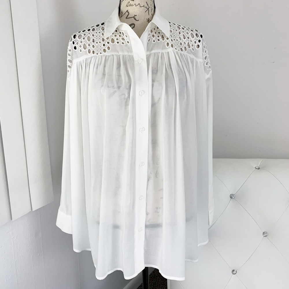 NWT $70 Express Semi-Sheer Hollow Lace Yoke Button-Down Tunic Blouse White XS